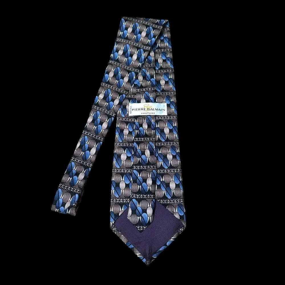 Pierre Balmain Couture Mens Silk Tie Blue Brown Geometric Abstract Pattern